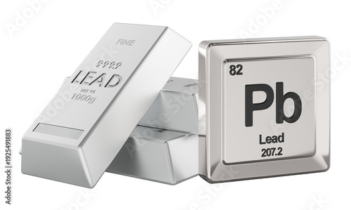 Lead Pb chemical element, periodic table tile. 3D rendering