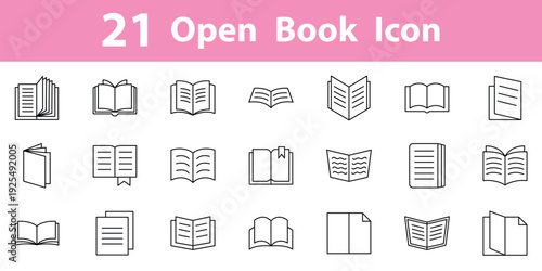 Set of 21 outline icons related to the book. Open textbook. Editable stroke. Reading and education symbols isolated line vector illustration.