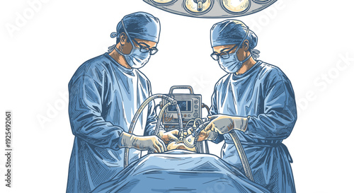 Medical illustration of surgeons performing a procedure under surgical lighting