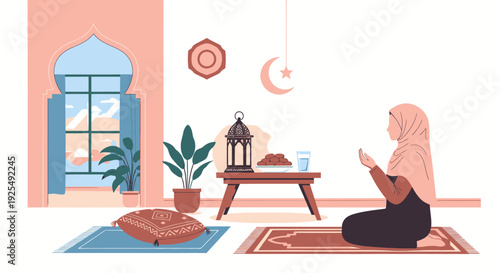 Woman praying on a mat indoors during Ramadan.