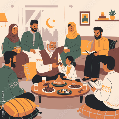 A Muslim family gathering for iftar during Ramadan.
