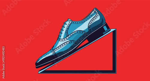 Elegant blue dress shoe on modern wedge with red background