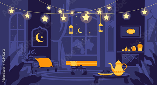 Cozy room interior with Ramadan decorations.
