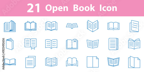 Set of 21 outline icons related to the book. Open textbook. Editable stroke. Reading and education symbols isolated line vector illustration.