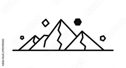 Mountain range with peaks and scattered geometric shapes