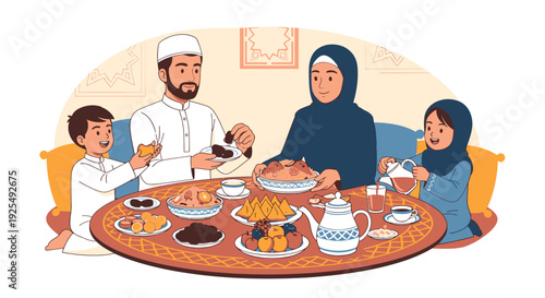 Muslim family sharing a traditional meal.