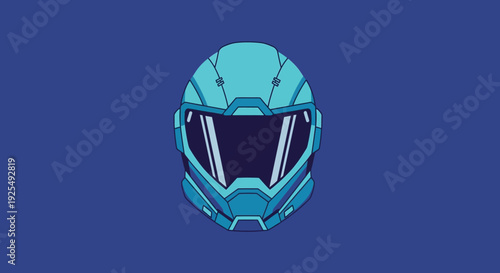 Teal motorcycle helmet with dark visor on blue background