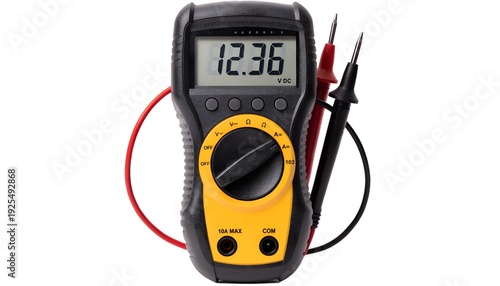 Digital multimeter with probes and wires showing dc voltage measurement isolated on white background for electrical testing and circuit analysis applications