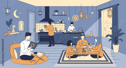Illustration of people relaxing in a modern living room with kitchen.