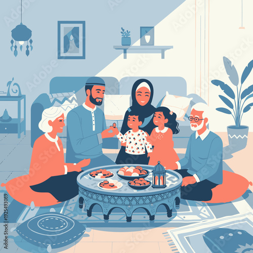 A Muslim family gathering for iftar during Ramadan.