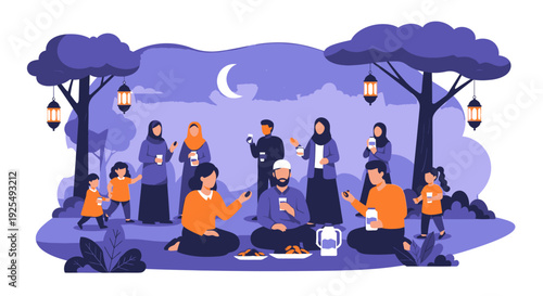 People gathered in a park at night.