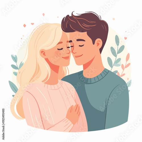 A tender moment between a young couple embracing, surrounded by leaves and hearts