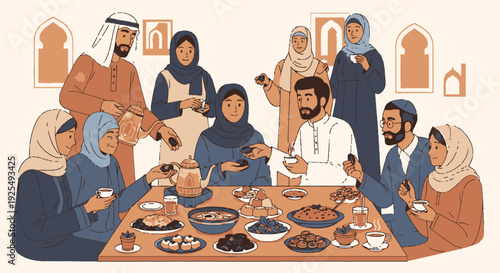 Illustration of people gathered around a table eating traditional Middle Eastern food.