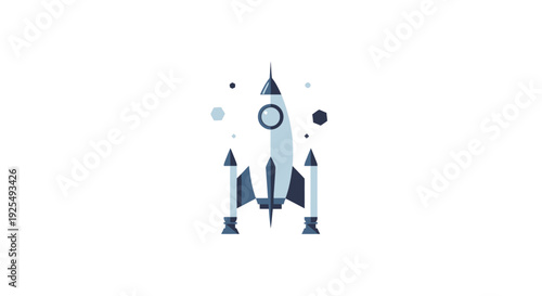 Rocket launch with twin booster stages and surrounding abstract shapes