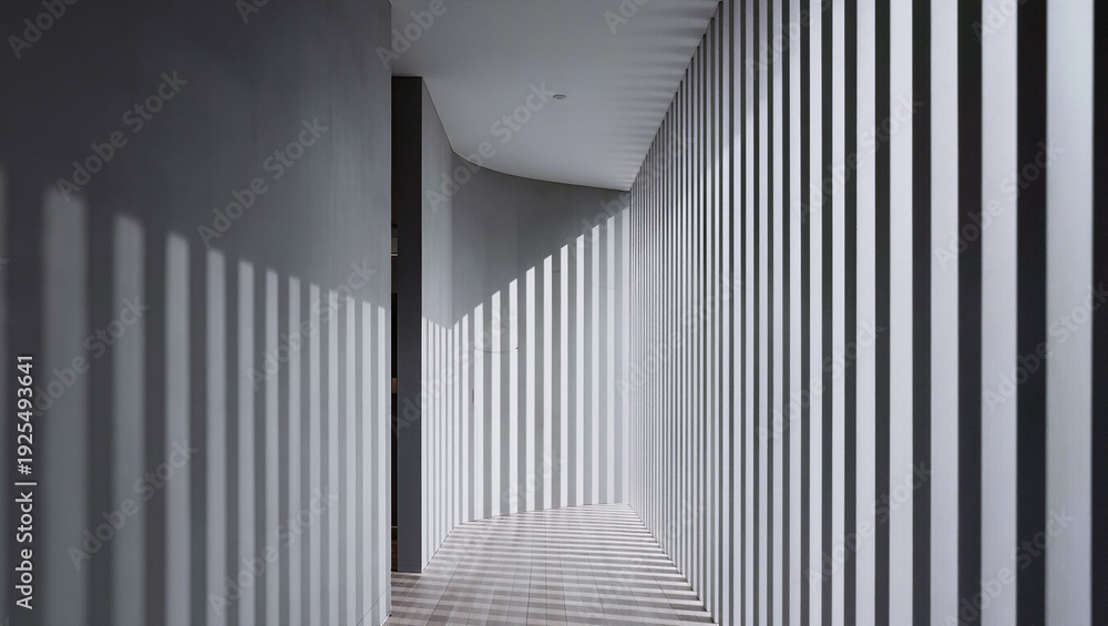 Obraz premium A modern hallway with strong vertical light and shadow patterns on its curved walls and striped floor