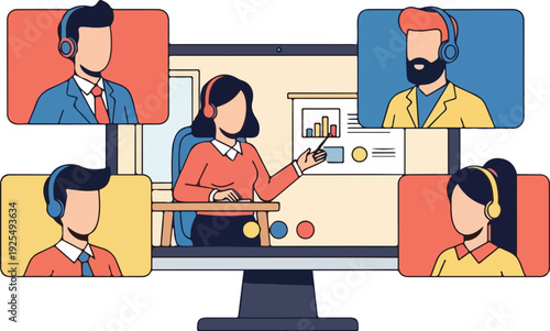 Group of people in a virtual meeting, collaborating and communicating effectively online with technology