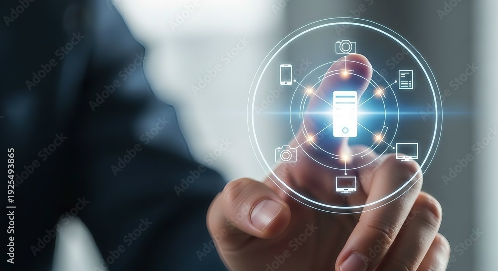 Fototapeta premium Businessman touching virtual screen with smart device and cloud network icons