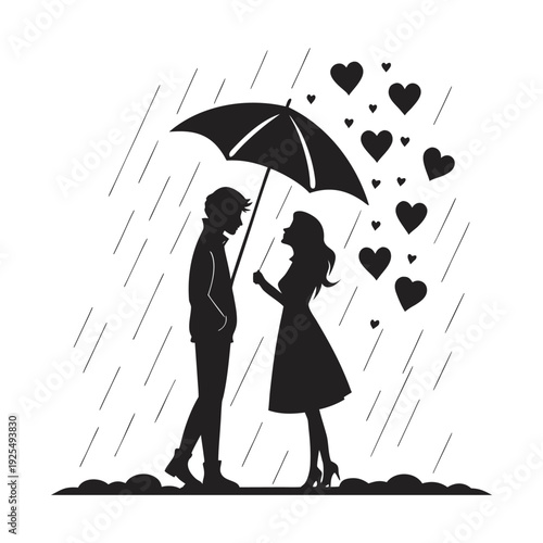Romantic couple sharing umbrella in rain with heart symbols, love, care, protection and relationship support concept