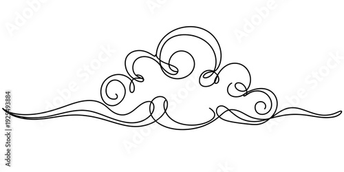 Elegant black line art depicting swirling cloud and wave like forms