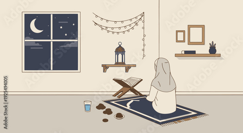 a woman praying on a mat in a room.