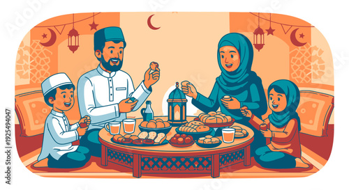 Happy Muslim family breaking fast together.
