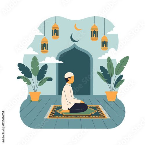 Man praying on a rug in a mosque.