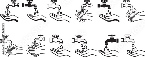 Water tap hand wash line and glyph icon collection. Includes washing hands, water drops, faucet, and hygiene symbols. Created in black and white style with monochrome palette.