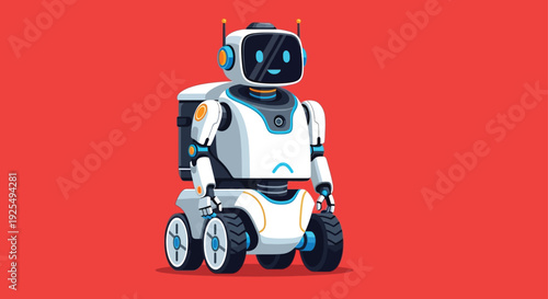 Cute robot with blue eyes and smiling face on wheels against red background