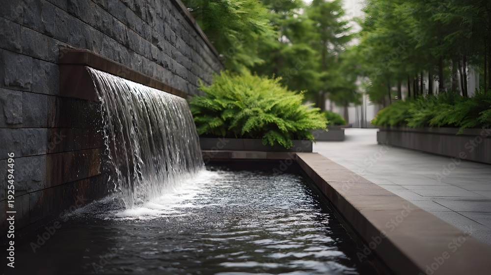 Obraz premium Serene modern urban garden with a cascading waterfall lush greenery and elegant stone wall
