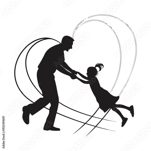Father and daughter playing with hula hoop silhouette, joyful parenting, childhood fun and family bonding illustration