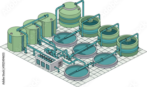 Industrial facility with tanks and pipes viewed from above