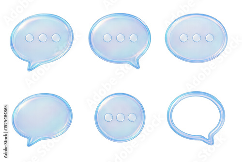 Set of six glossy translucent blue speech bubbles and chat icons featuring three-dot ellipses, various oval and rounded shapes with glass-like, iridescent outlines on a transparent background