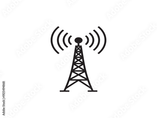 A black and white illustration of a radio broadcasting tower with signal waves