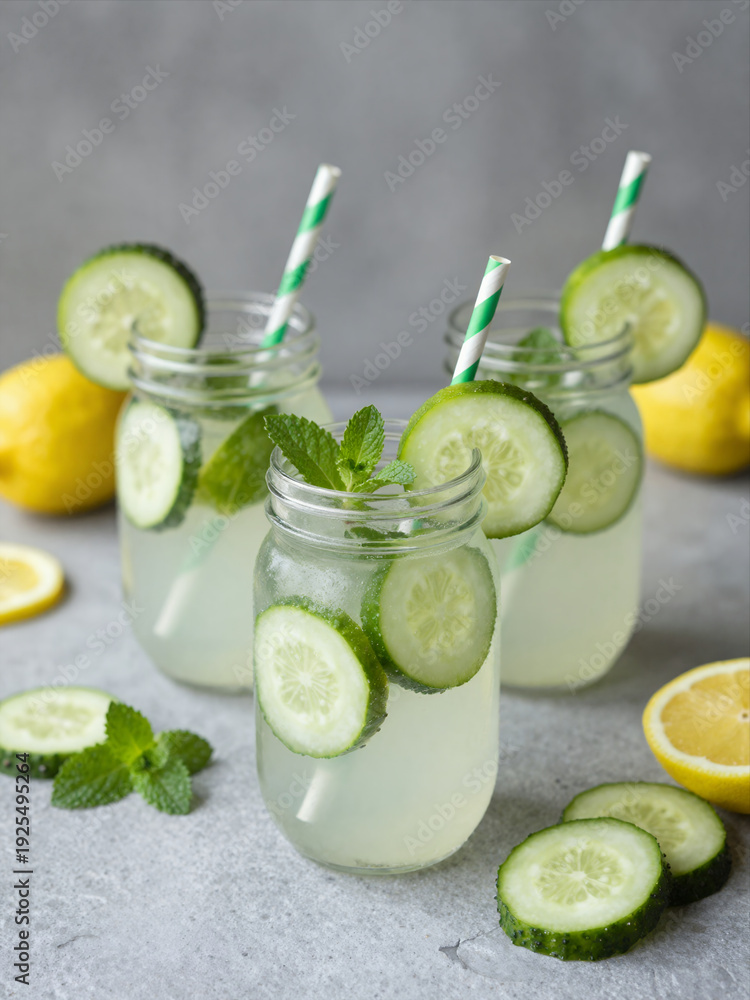 Fototapeta premium Refreshing Cucumber Lemonade In Mason Jars With Mint And Lemon Slices On A Rustic Background