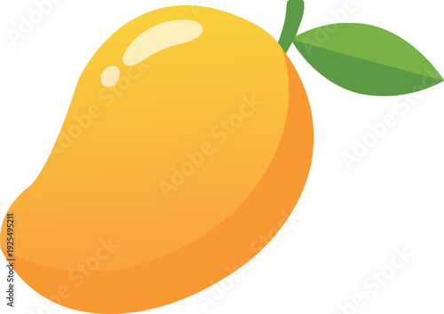 Glossy ripe mango with green leaf in a clean minimal 3D style. Bright tropical fruit illustration isolated on white background, perfect for summer themes, healthy eating concepts, smoothie branding, p