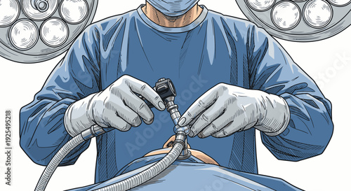 Medical professional performing procedure with equipment under bright lighting