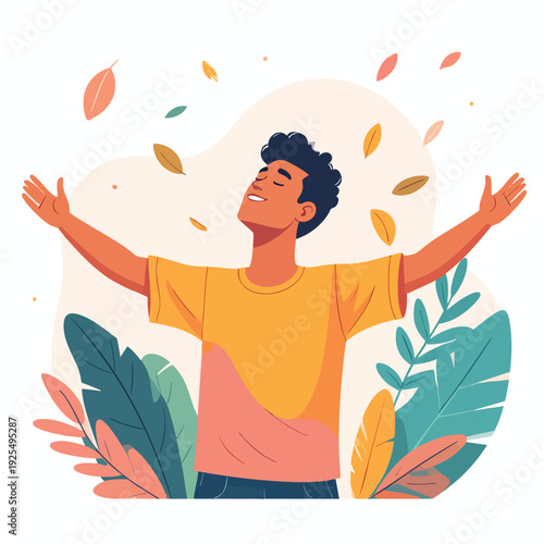 Man surrounded by leaves with arms outstretched in joyful illustration from a front viewpoint