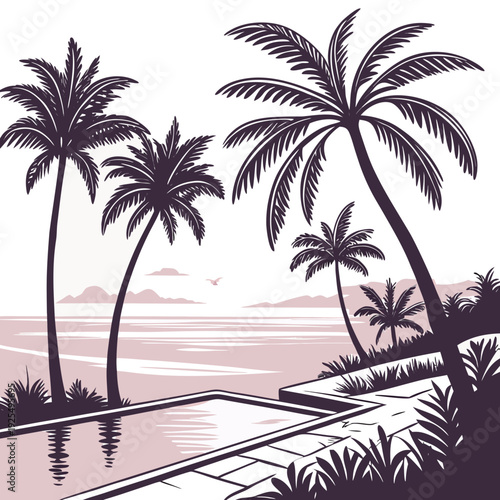 A serene beach scene with palm trees and a pool