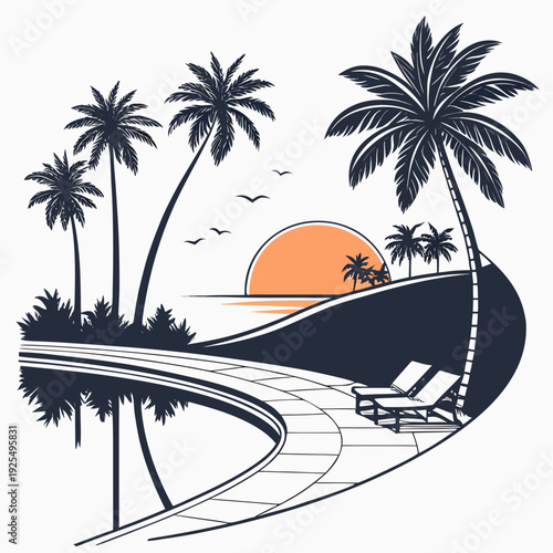 A serene tropical island scene with palm trees and a bridge