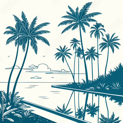A serene tropical island with palm trees and a body of water