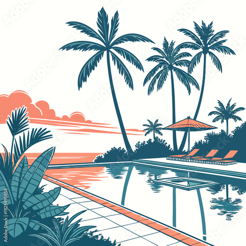 A serene tropical resort scene with palm trees and a pool