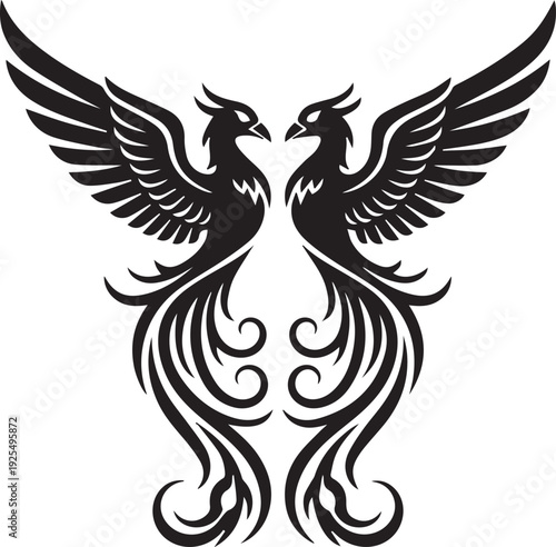 Elegant Pair of Phoenix Birds with Swirling Tribal Pattern Wings and Tails