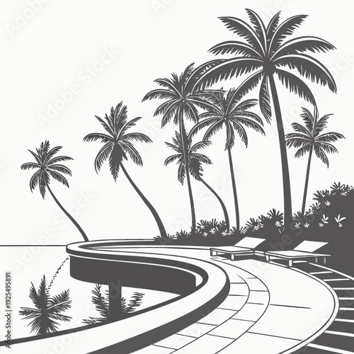 A tropical beach scene with palm trees and a curved walkway
