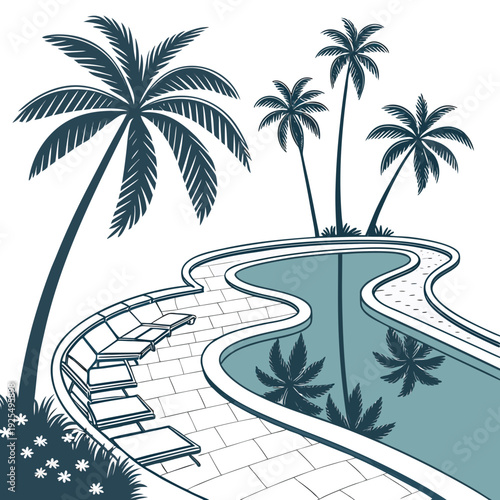 A serene poolside scene with palm trees and lounge chairs