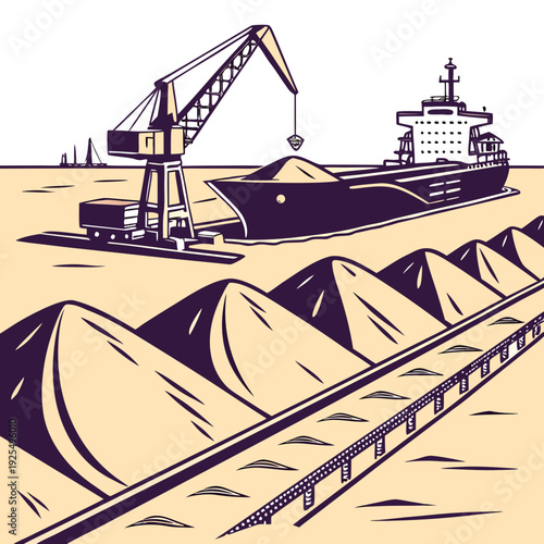 A cargo ship is being loaded with sand