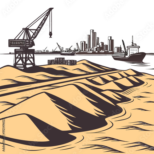 A crane and a ship near a pile of sand