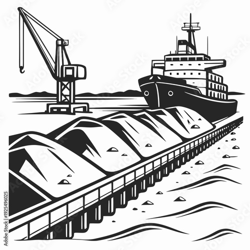 A cargo ship is being loaded with coal at a dock