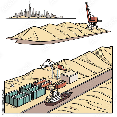 A cartoon image of a port with cranes and containers near a sandy coastline