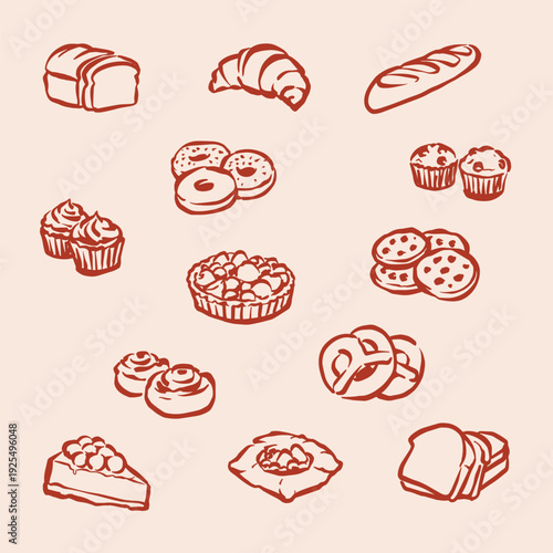 Collection of various pastries croissant bagels cupcakes bread hand drawn line illustration bakery baking cafe