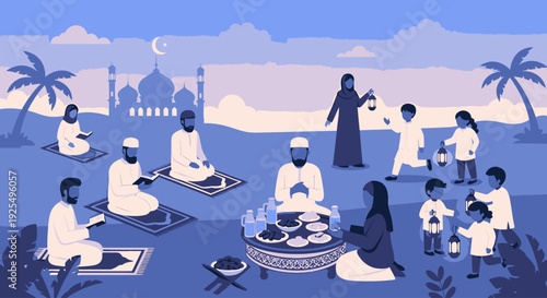 Illustration of a Muslim family breaking their fast during Ramadan.